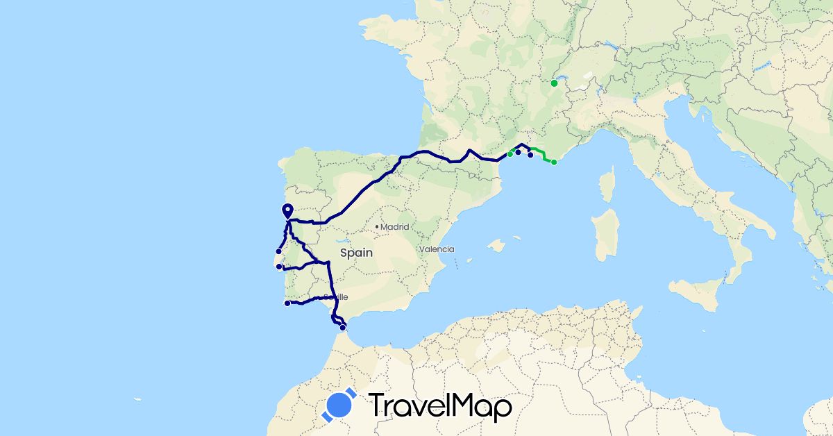 TravelMap itinerary: driving, bus in Switzerland, Spain, France, Portugal (Europe)